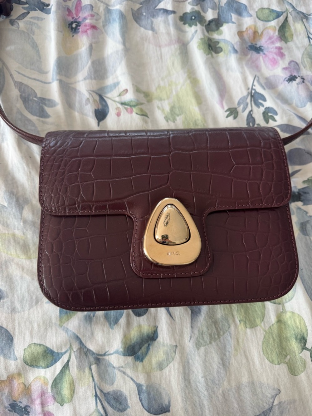A.P.C. Croc-Embossed Crossbody Bag in Burgundy with Gold Tone Hardware